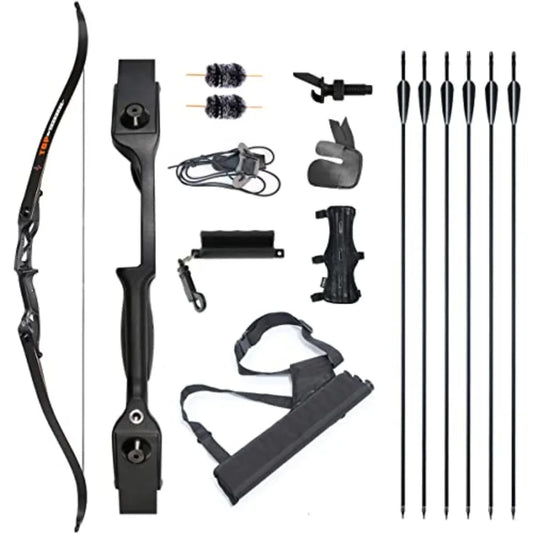 Archery 56 Takedown Hunting Recurve Bow and Arrow Set Metal Riser Right Hand Black Longbow Kit with 6Pcs Carbon Arrows Right Ha