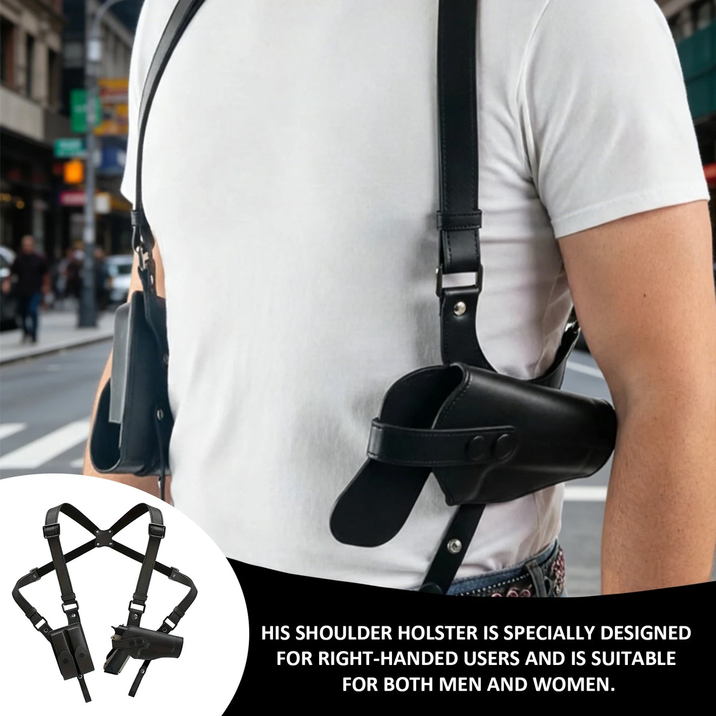Leather  Stealth Pistol Holster with Double Magazine Pouch Adjustable Vertical Concealed Holster Fit 1911 92 92G Most Kinds of Pistols (Black)