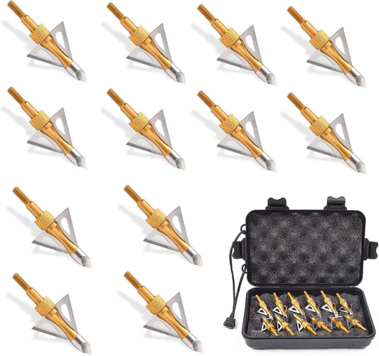 12PK 3 Blades Hunting Screw-in Broadheads 100 Grain Arrow Tips+ 1 PK Broadhead Storage Case