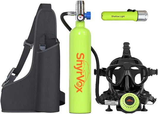 Mini Tank & Full Face Snorkel Mask Set – Portable 1L Scuba Cylinder, 3000 PSI Diving Bottle, 15–20 Minute Air Supply for Snorkeling