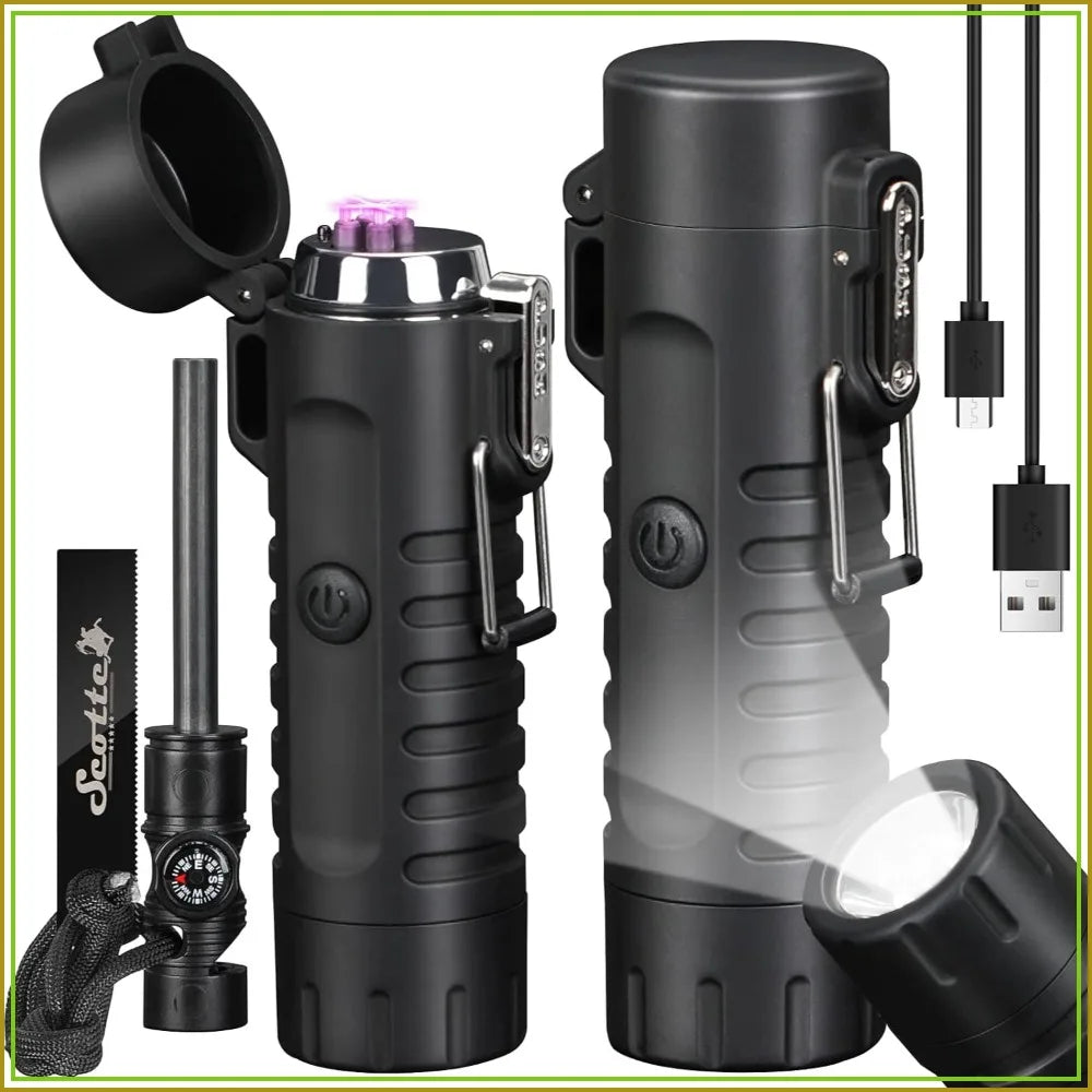 2-in-1 Plasma Lighter & LED Flashlight with 5-in-1 Fire Starter for Camping, Hiking, Survival