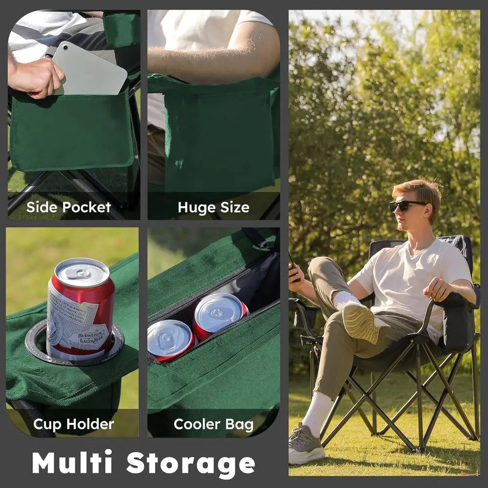 Double Pack Heavy Duty Camping Chairs - 450lbs Capacity, Portable Collapsible with Carry Bag, Cooler & Cup Holder, Ideal for Out
