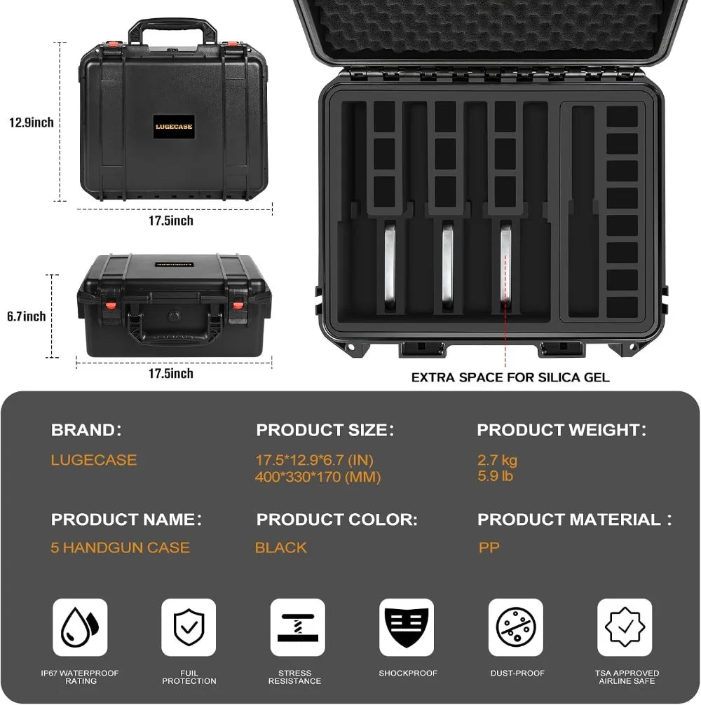 Multi Pistol Gun Case - Hard Shell, Waterproof, TSA Approved, Pre-cut Foam for Multiple Handguns & Magazines