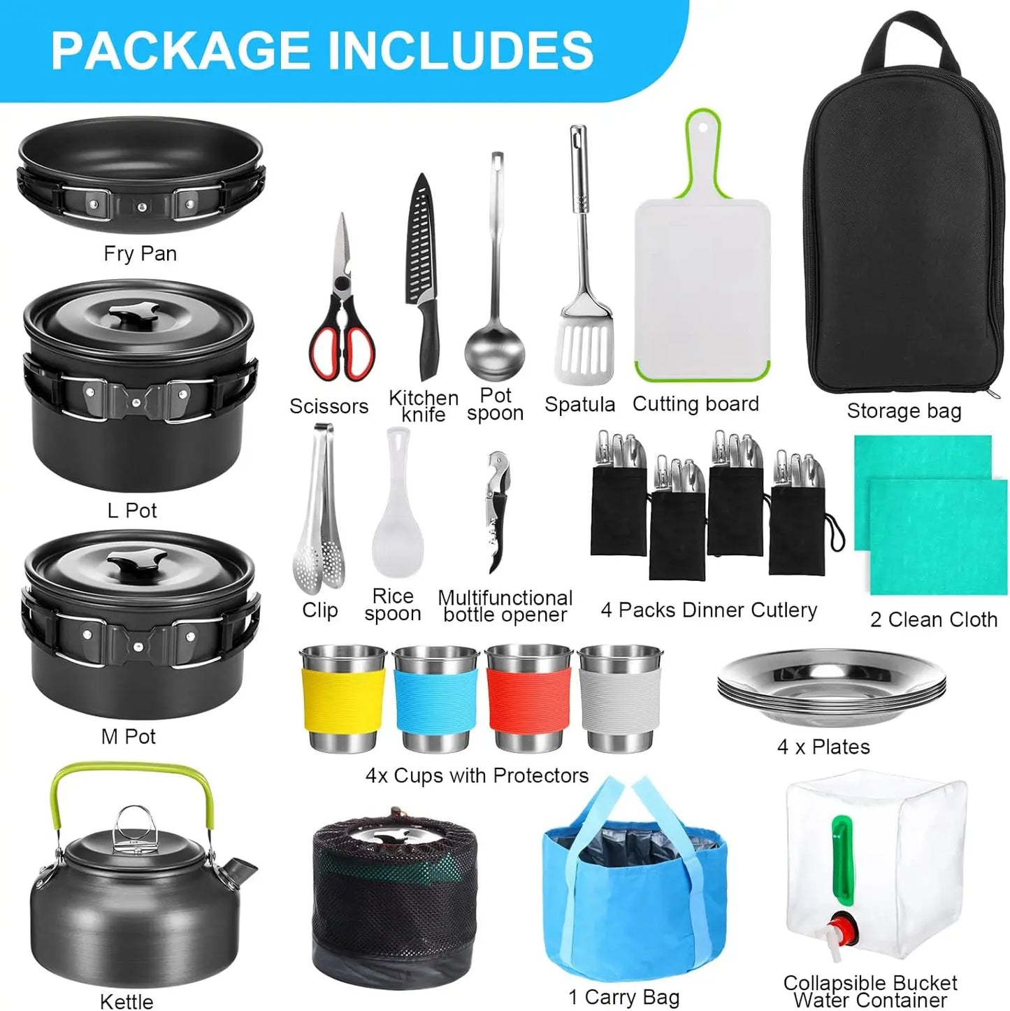 42 Pcs Camping Cookware MKit, Non Stick Lightweight Pots Pan Kettle, Collapsible Water Container and