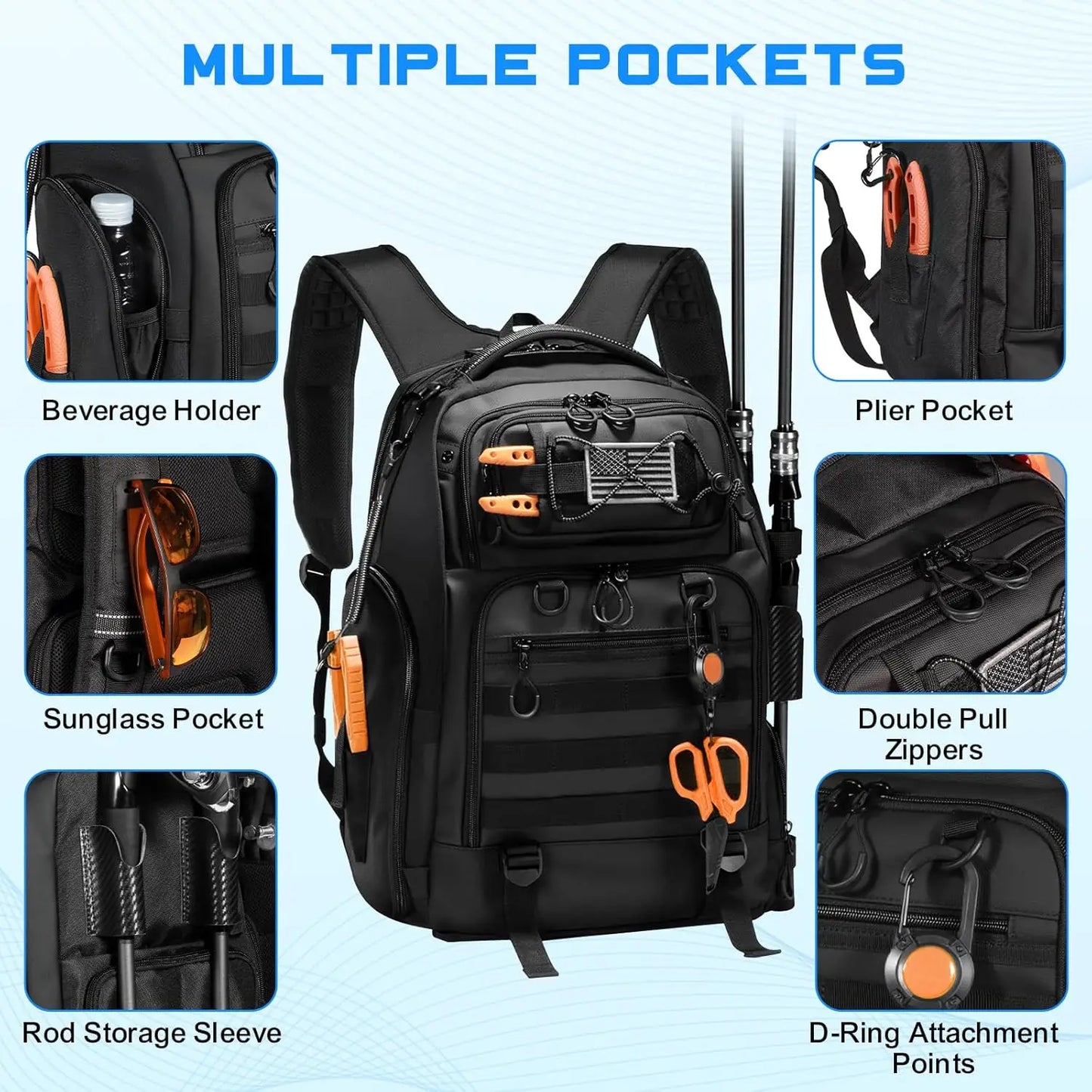 50L Fishing Tackle Backpack with Removable Lure Wraps,Include (4) 3600 Tackle Boxes, 2 Rod Holders