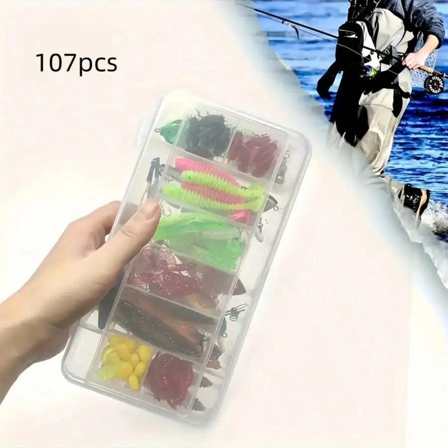 This 107-Piece Lure Set Is A Freshwater Lure And Tackle Kit Suitable For Fishing Bass, Trout, Salmon, And Other Freshwater Fish. It Includes Spinners, Soft Plastic Worms, And More, Making It A Practical Gift For Men.