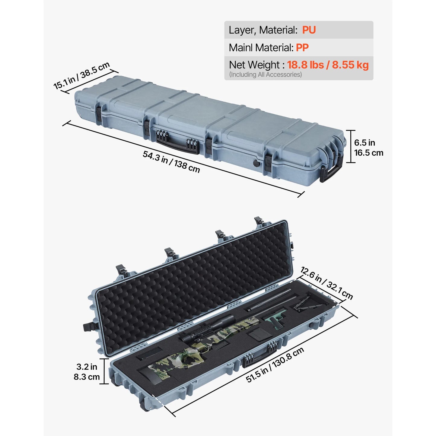 SucceBuy Hard Rifle Case Lockable Rifle Case w/ Pre-cut Foams & Wheels IP67 Waterproof Pistol Storage Cases for Rifles Shotguns