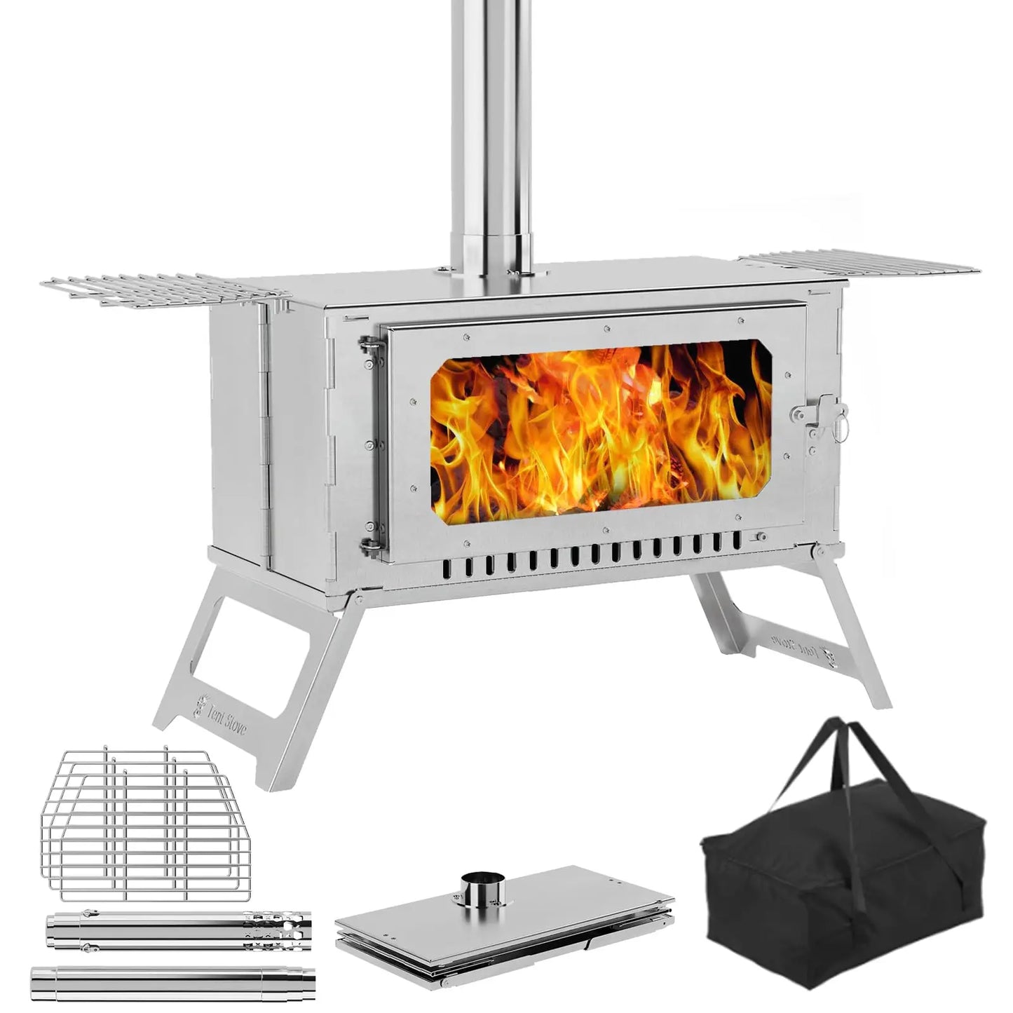 Portable Hot Tent Stove,Wood Burning Stove for Camping, Tent Stove With View Glass, Large Stainless Steel Camping Stove With 5 Chimney Pipes and 3 Shelfs for Outdoor Heating and Cooking