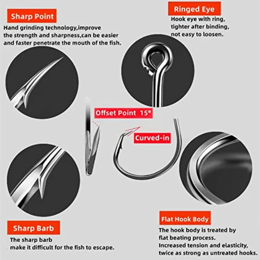 Circle Hooks for saltwater and freshwater fishing, stainless steel, silver, ultra-strong 2X design, octopus offset style, catfi