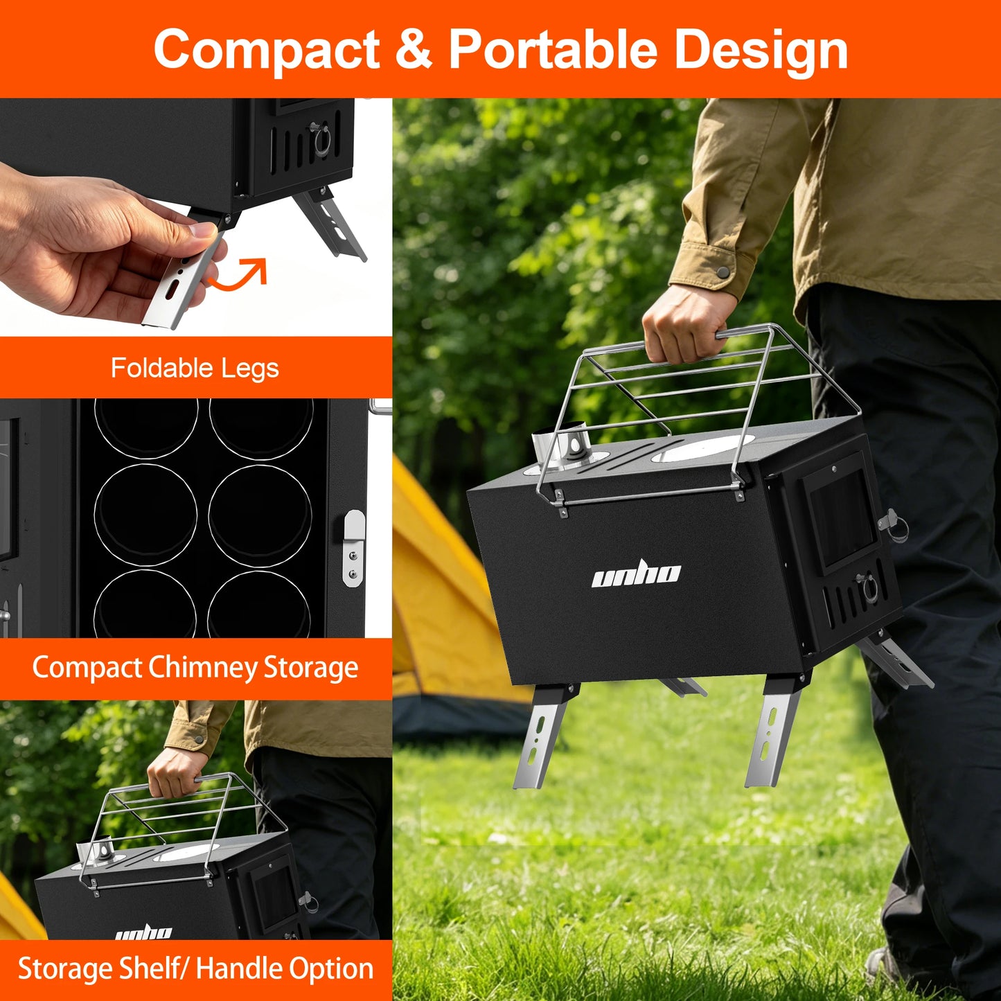 Hot Tent Stove,UNHO Wood Burning Stove,Small Wood Stove with 6 Stainless Chimney Pipes for Outdoor Heating & Cooking, Ice Fishing, Hunting ， Outdoor Camp Firewood Stove Portable Stove for Multifunctional Firewood Burner wit