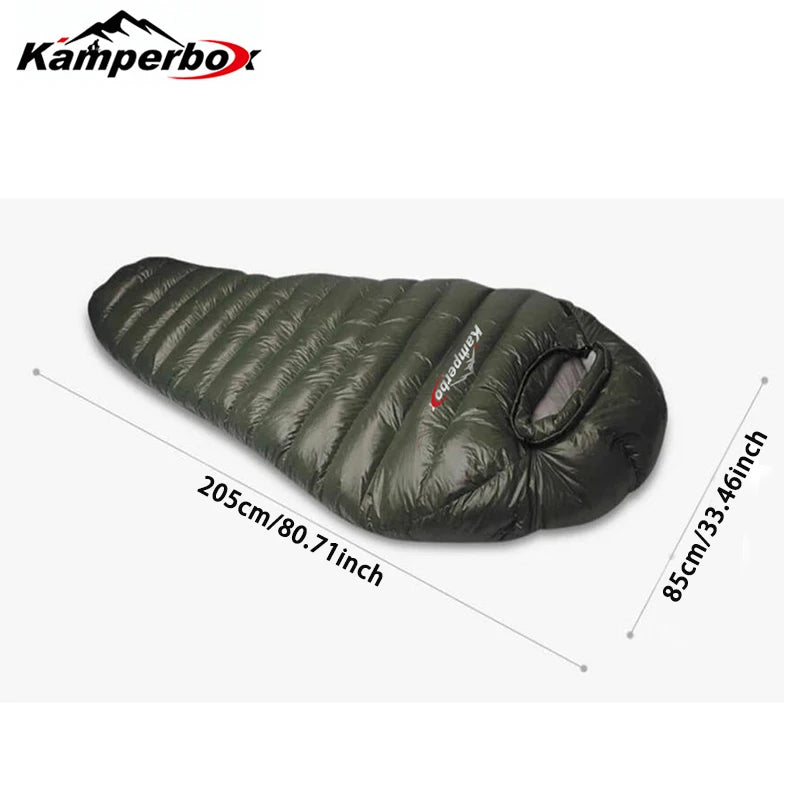 Kamperbox AM1500 Outdoor Camping Down Sleeping Bag 20D Nylon Shell Polyester Pongee Lining Lightweight Warm Mummy Sleeping Bag for Winter Camping