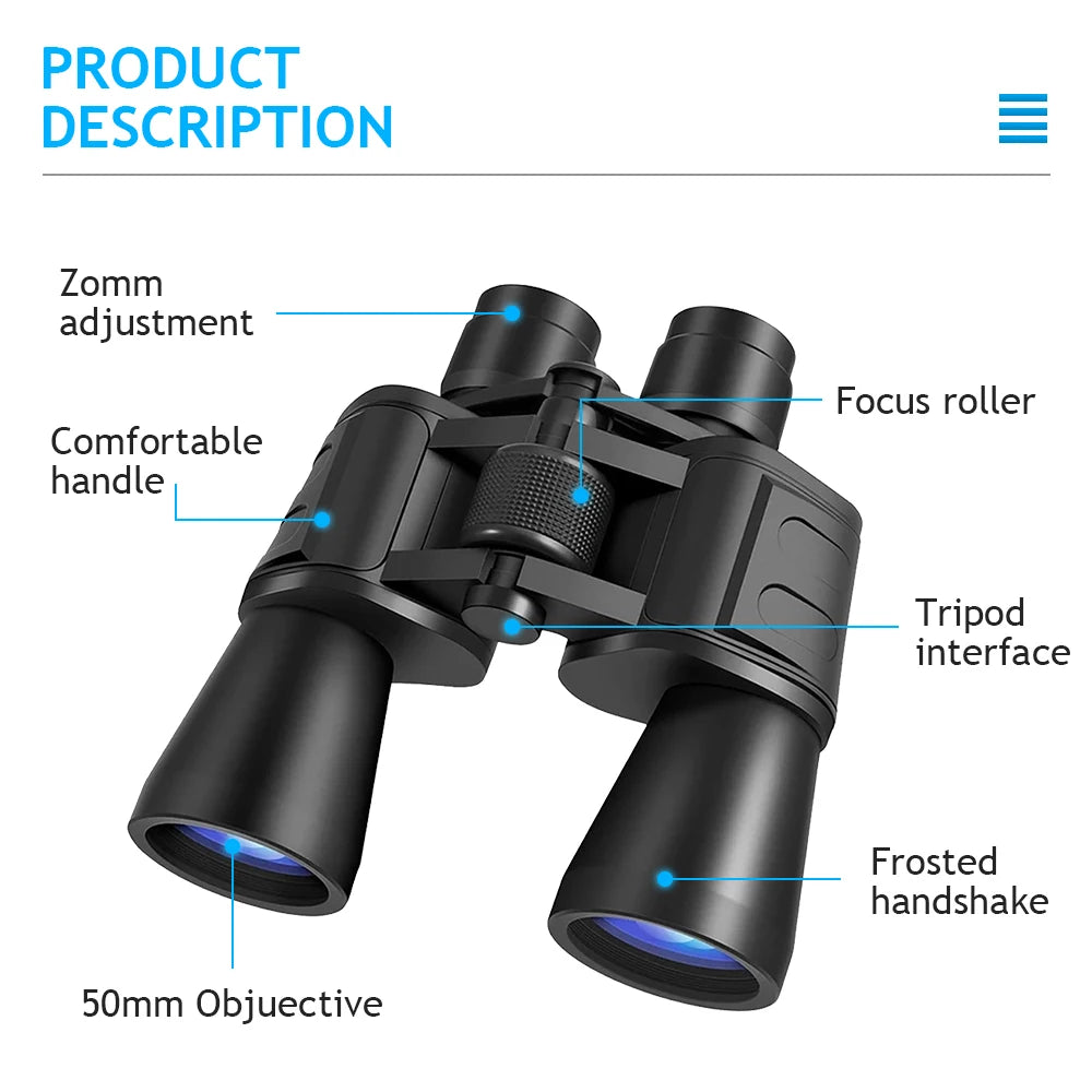 20X50 HD Binoculars BAK4 Prism FMC Green Film Low Light Night Vision Waterproof Portable Telescope with Tripod Interface for Bird Watching Hunting Stargazing Travel