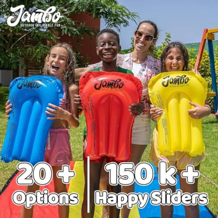 Backyard outdoor water fun: heavy duty inflatable water slide 31.5 ft extra long with 2 bodyboards, blue color, slip-resistant