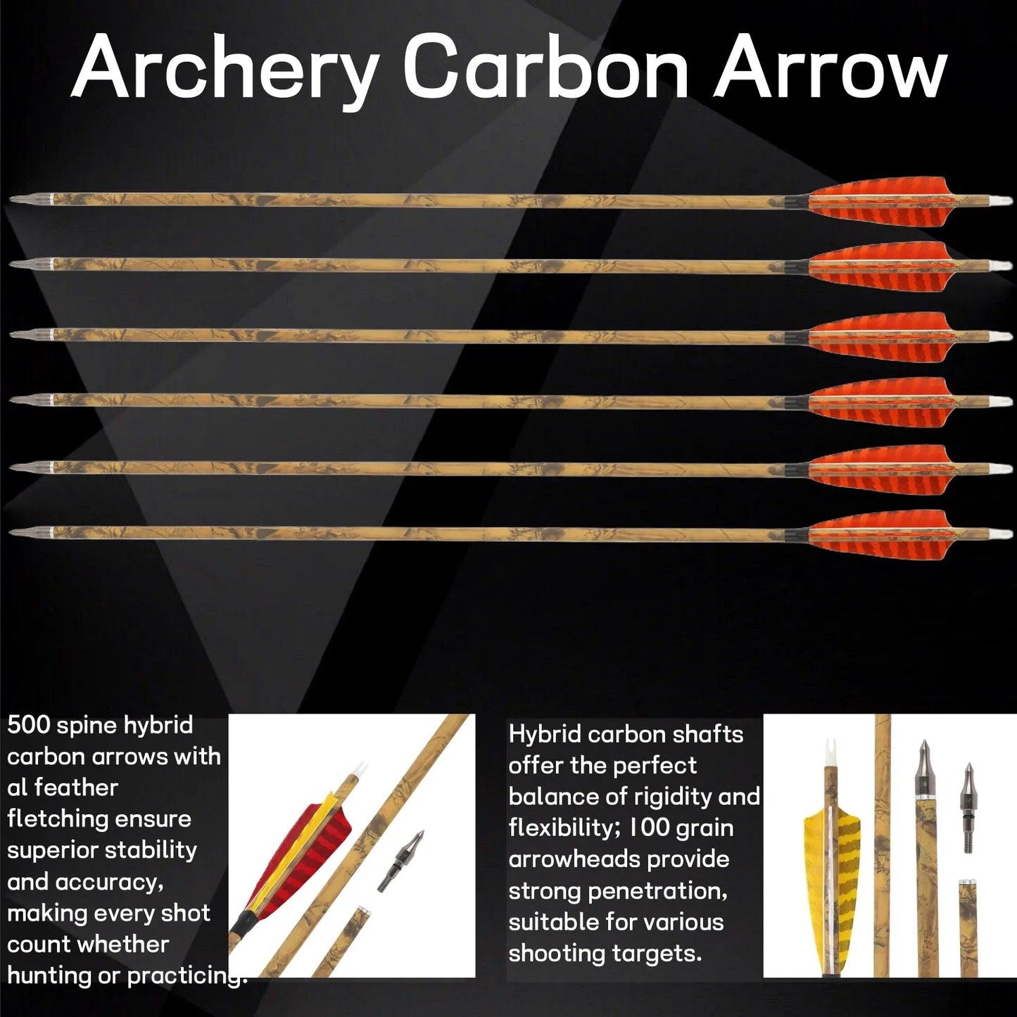 12PCS 30inch Archery Carbon Arrows 4" Natural Feather 500 Spine Removable Tips for Compound Recurve Bow Hunting Target