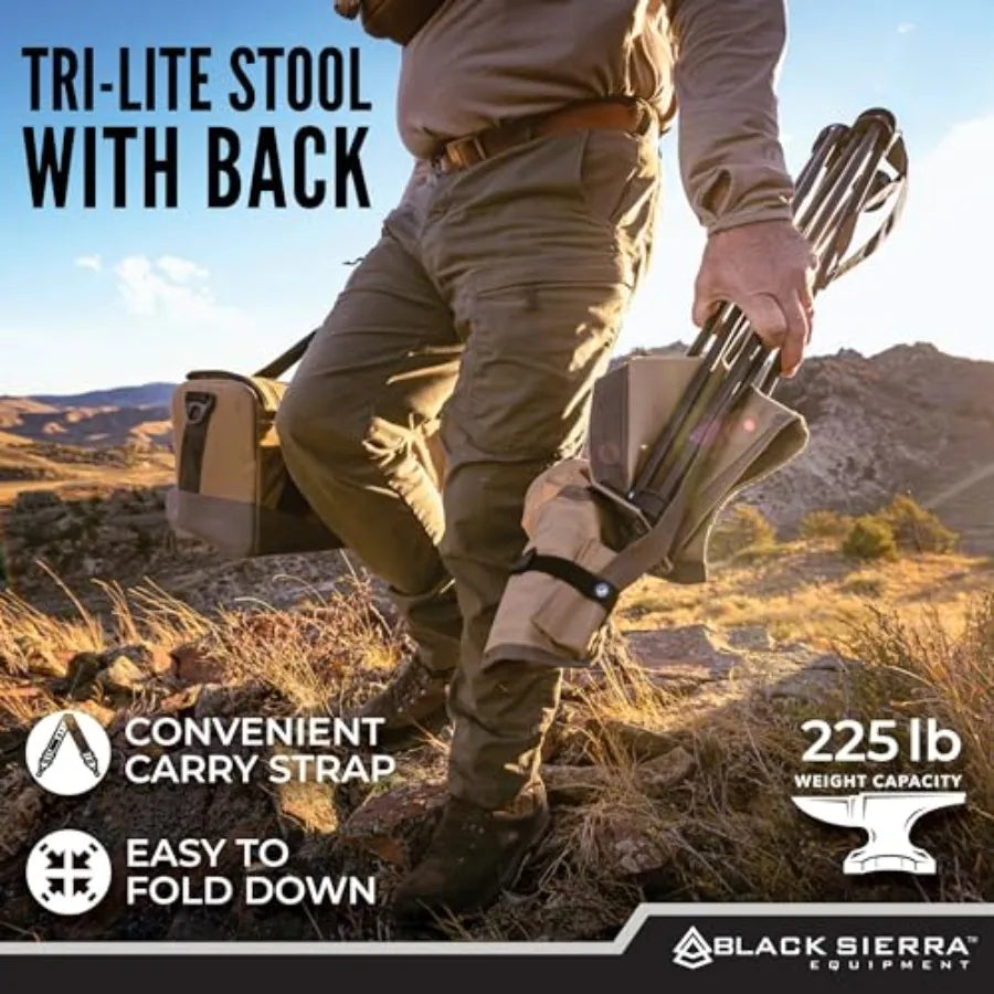 Black Sierra Tri-Lite Folding Stool with Backrest and Cup Holder, Lightweight Portable Hunting Fishing Chair with Carry Strap,