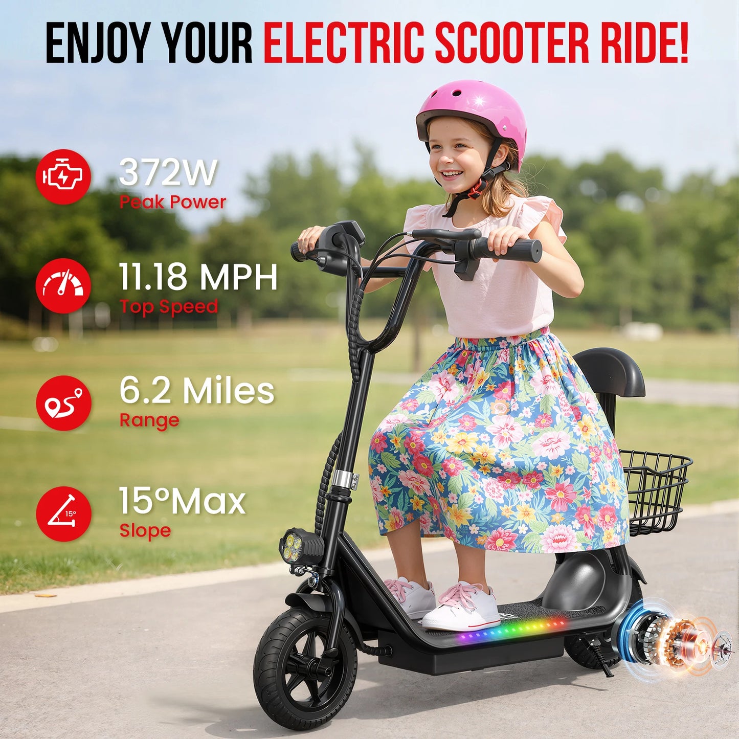 Spacewalk Kids Electric Scooter with Bluetooth Speaker Foldable Design Seat Carry Basket LED Light Strip 11MPH Speed 132lbs Max