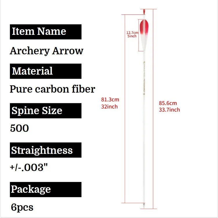 6pcs 32inch Archery Pure Carbon Arrow Spine 500 Shaft +/- 0.003 Recurve Bow Compound Bow Hunting Shooting Target Arrows