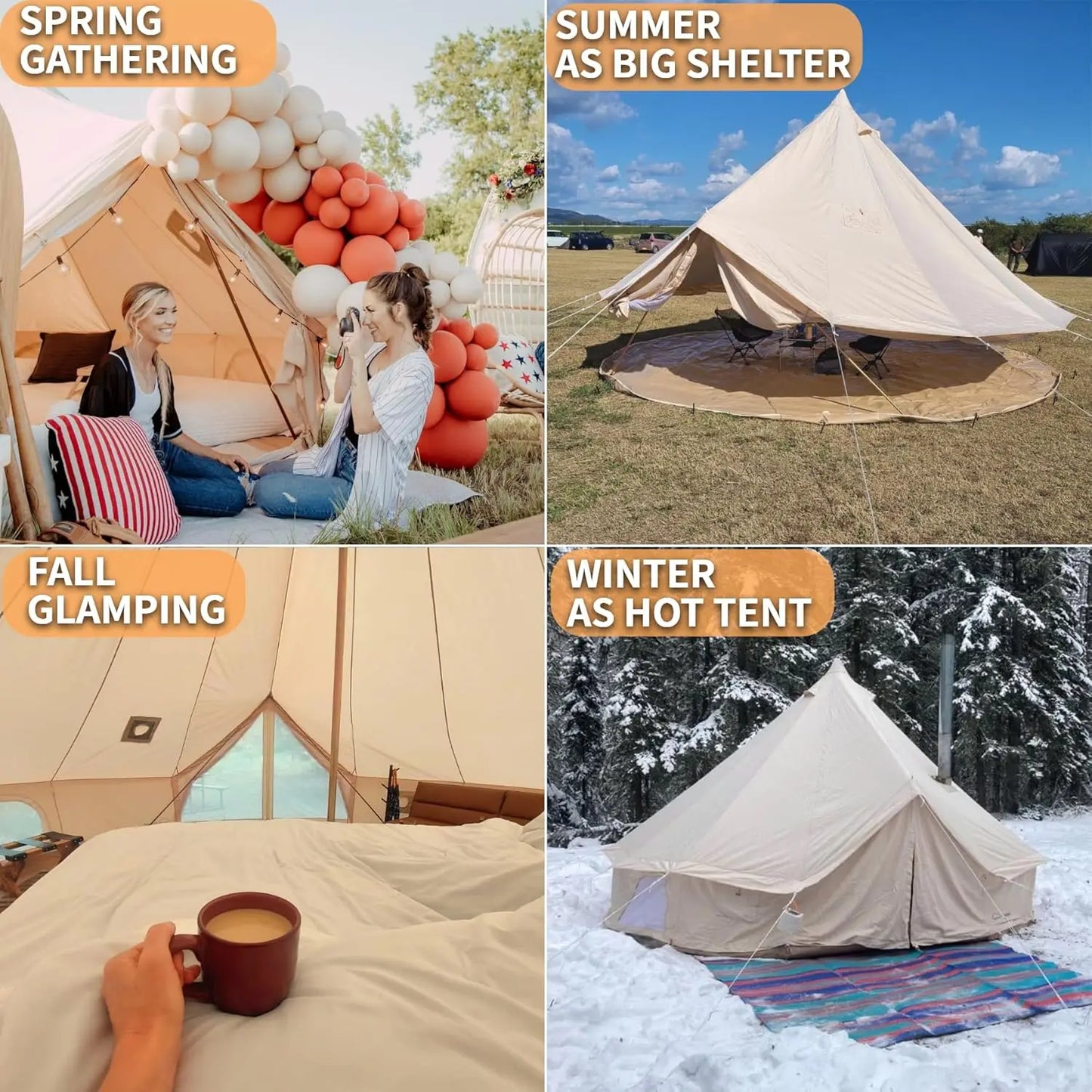 USA Warehouse B5 Cotton Canvas Bell Tent with Stove Jack 4/5/6m Waterproof  Hot Tent Glamping Houses in Winter Large Yurt Tent