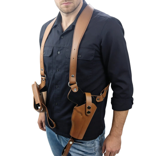 Leather General Vertical Gun Holster with Double Magazine Pouch Tactical Stealth Pistol Holster Universal Fit for Most Pistols