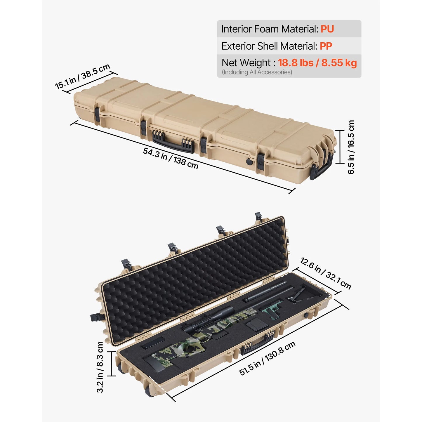 Hard Rifle Case Lockable Rifle Case with Pre-cut Foams Wheels IP67 Waterproof Pistol Storage Cases for Rifles Shotguns