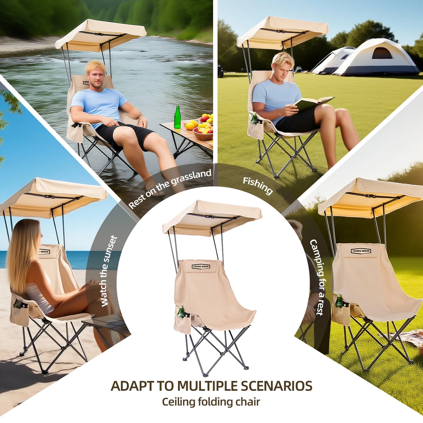 2PC Fold Lightweight Oversized For All YOUNG WOOD Portable Camping Chair Beach Chair With Shade Canopy, Easy To Open And Close