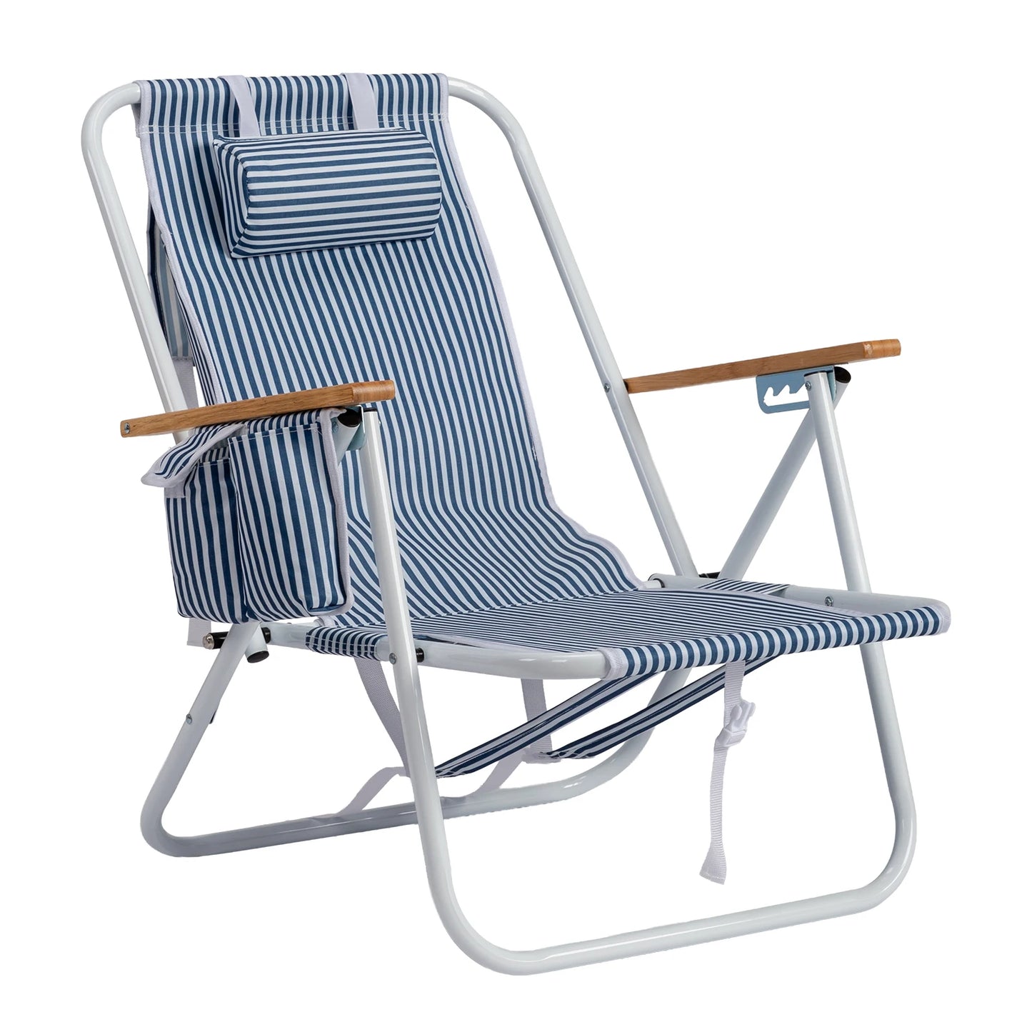 4-Position Adjustable Backpack Beach Chair, Foldable Rustproof Aluminum Frame Lounge Chair with Wooden Armrest, Side Storage Pockets & Detachable Pillow, 24"×22"×37" Outdoor Patio Camping Lawn Chair Holds up to 265 LBS, Blu