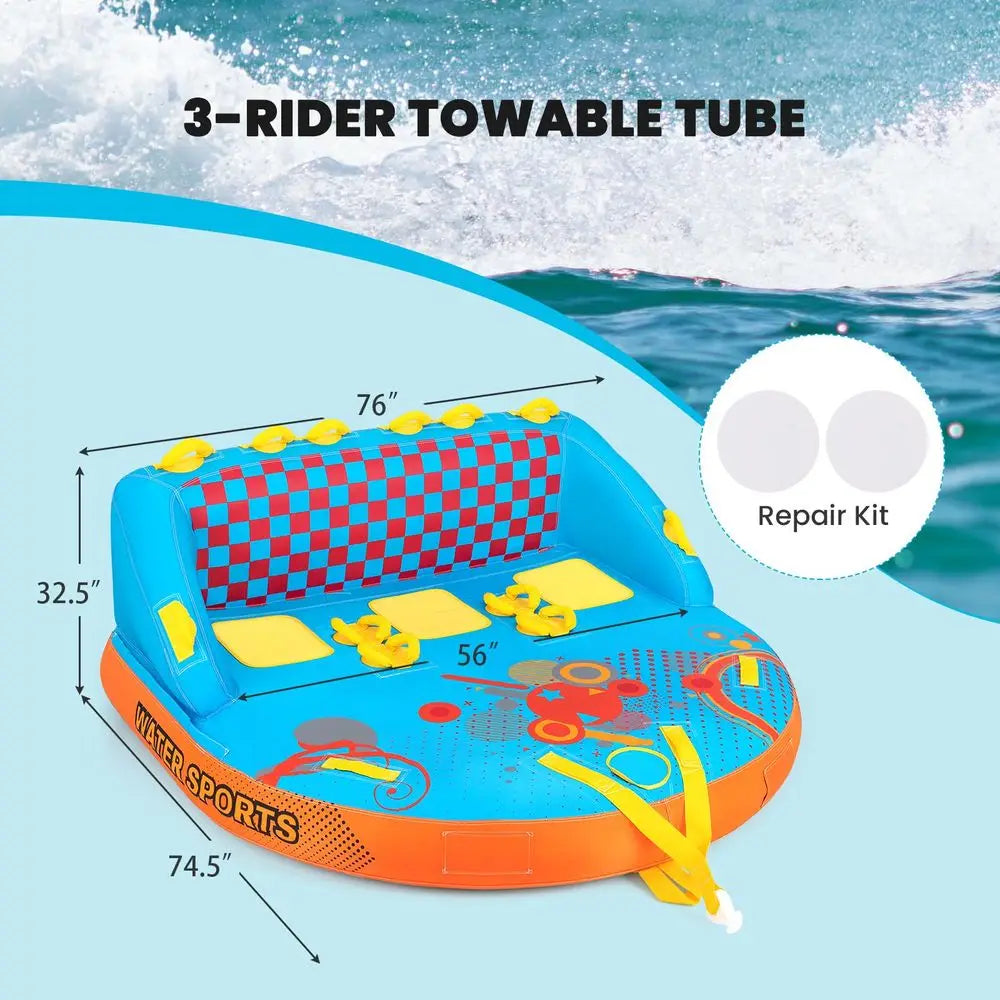 Towable Tube for Boating, 2 3 Riders Inflatable Boat Tube for Water Sports to Pull, Boat Tubes with EVA Seat Pads, Dual Tow Poi