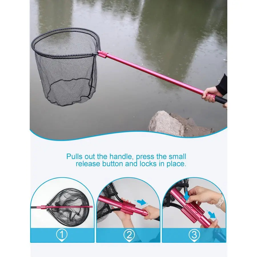 Extra Large Fishing Landing Net 7294 Heavy Duty Telescopic Aluminum Handle, SnagFree Rubber Mesh for Saltwater Boat, Net Hoop 28