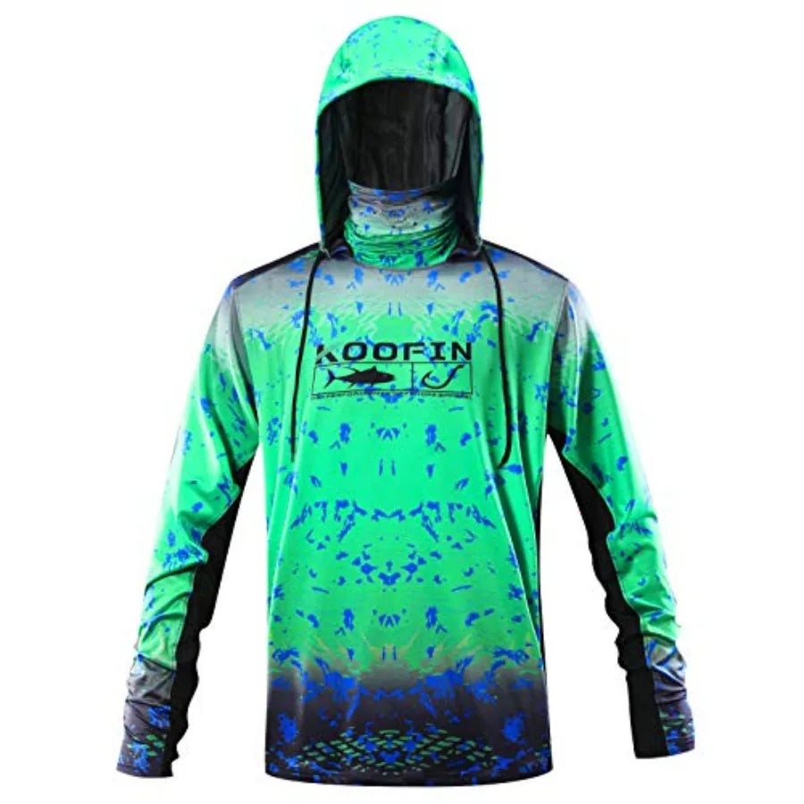 Performance Fishing Hoodie with Face Mask UPF50 Sunblock Shirt Hooded Long Sleeve with Drawstrings Pocket