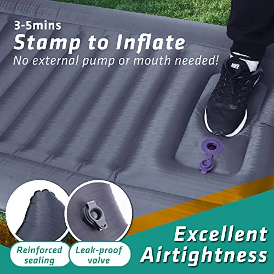 Camping sleeping pad inflatable mat with built-in pump, neck-support pillow, 4.9 thickness, ultralight, 73.2x29.9, premium nylo