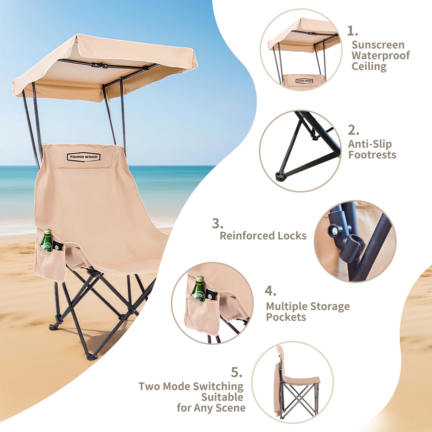 2PC Fold Lightweight Oversized For All YOUNG WOOD Portable Camping Chair Beach Chair With Shade Canopy, Easy To Open And Close