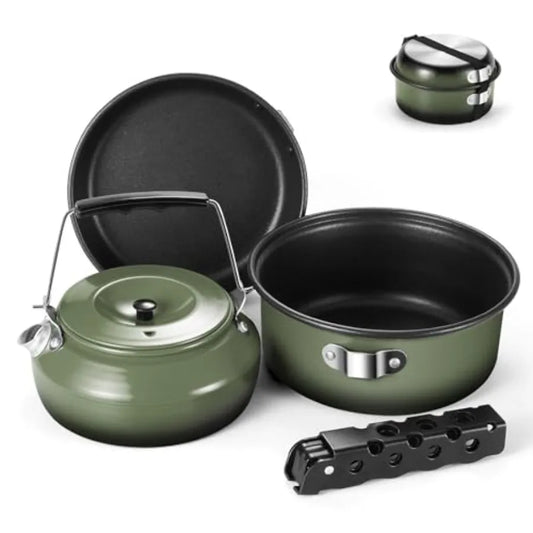 5pcs Camping Cookware Non-Stick Camping Pot and Pan Set with Kettle and Removable Handle for Hiking Backpacking and Picnic