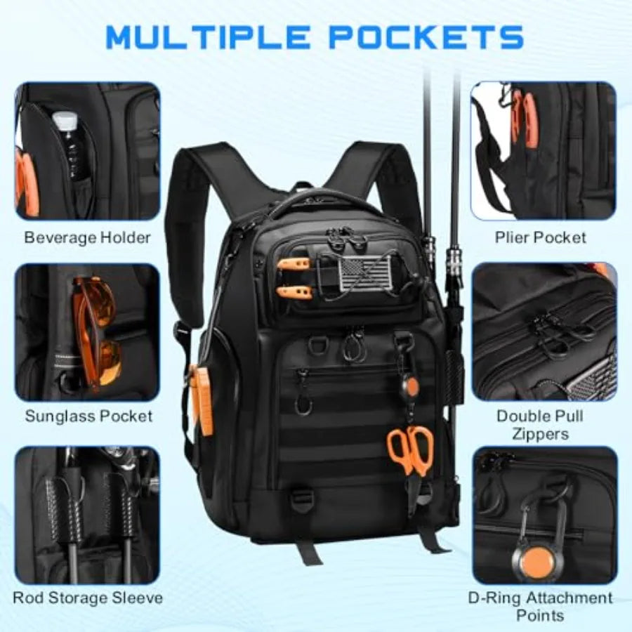 50L Fishing Tackle Backpack with Removable Lure Wraps, Include 4 3600 Tackle Boxes, 2 Rod Holders Storage Fishing Gear and Equi