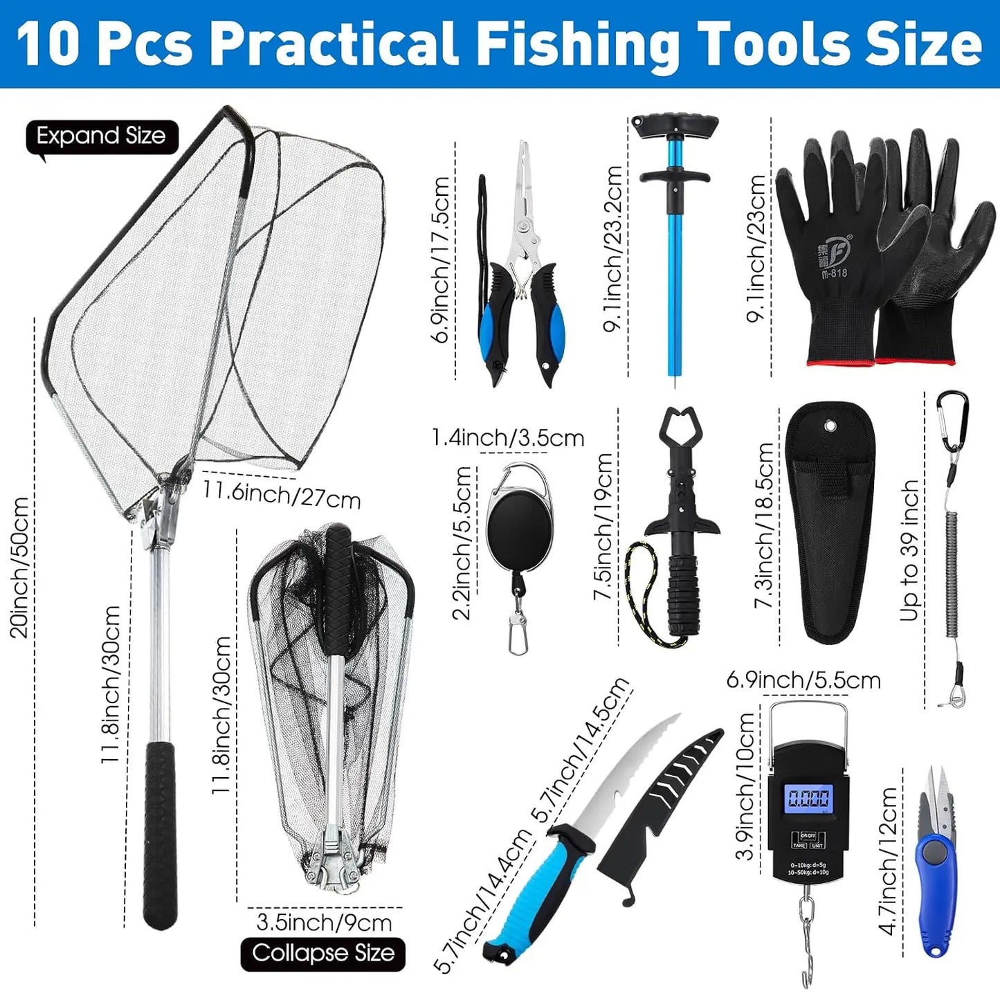 10 Pcs Multi Function Fishing Tool Set Include Fishing Pliers With Lanyard & Protective Sheath Landing Net Fillet Knife Fish Scale Fish Gripper Hook Remover Braid Scissors Fishing Gloves Ideal Gift For Anglers Father