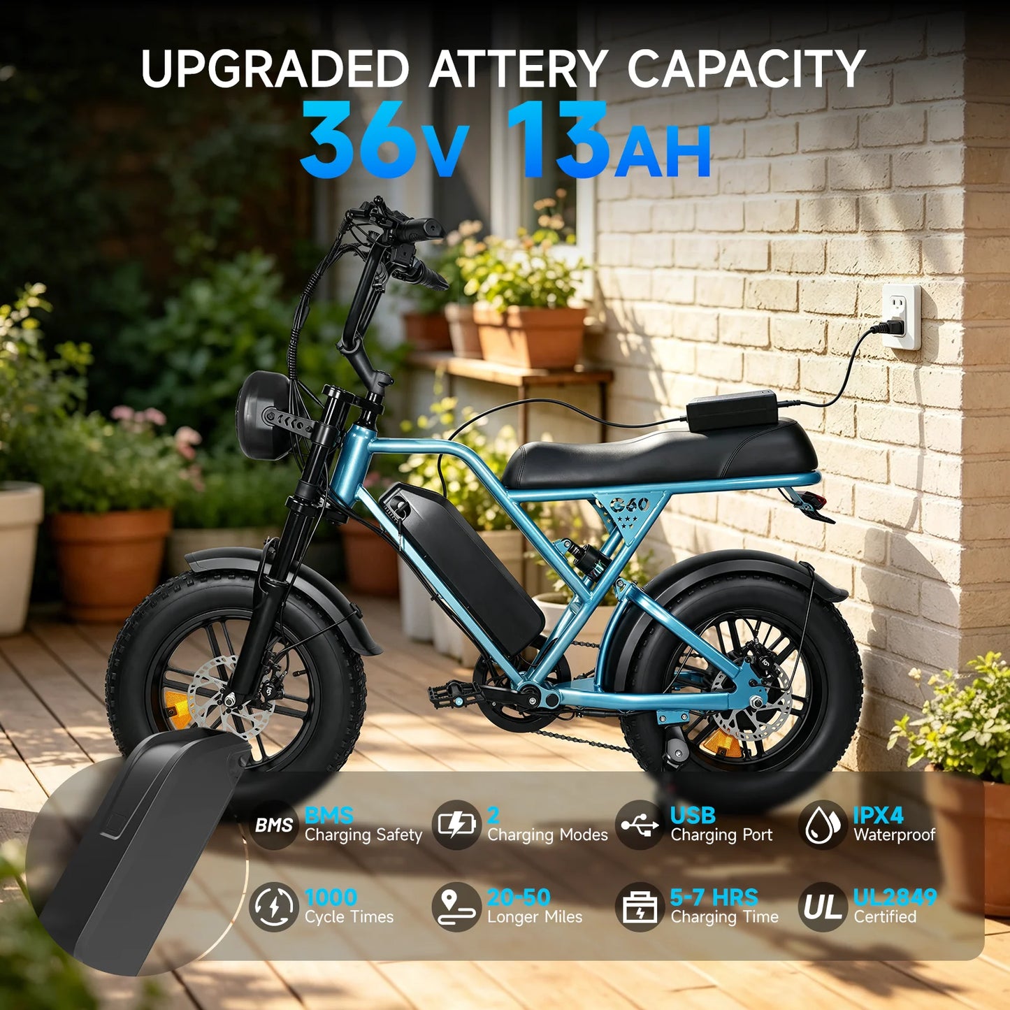 OBX 500W Electric Bike for Adults Max 25MPH+ Battery 36V 13AH E-Bike Electric Bicycle 16x4" Fat Tire Mountain Bike
