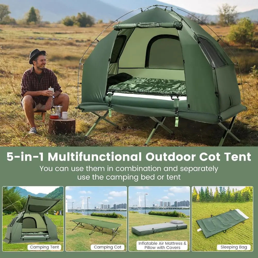 5-in-1 Camping Tent Cot Folding Bed with Air Mattress Pillow Sleeping Bag Waterproof Shelter Carry Bag for Picnic Trip