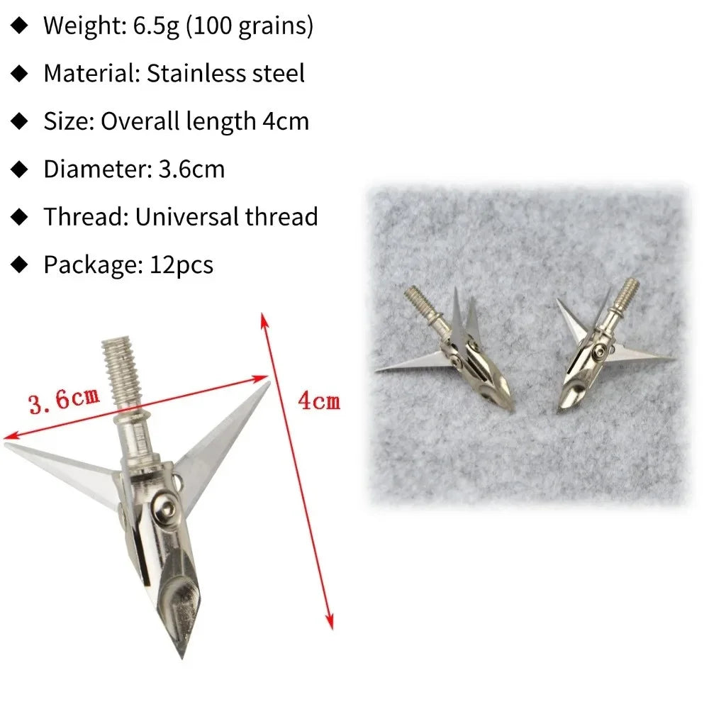 Hunting Broadheads 12pcs 3 Blade Stainless Steel 100 Grain Screw-in Points for Compound Recurve Bow Target Practice