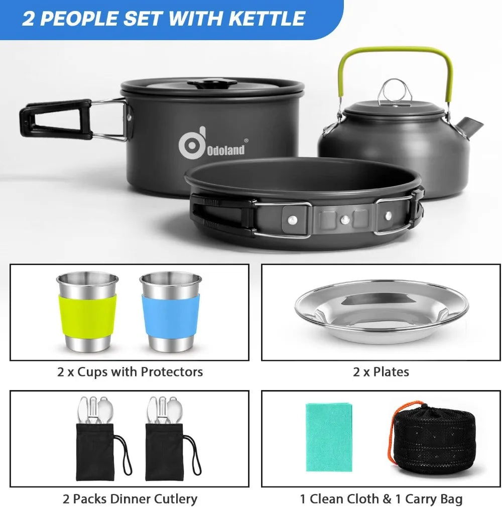 15pcs Non-Stick Camping Cookware Set, Lightweight Pot Pan Kettle with Stainless Steel Cutlery for Outdoor Cooking