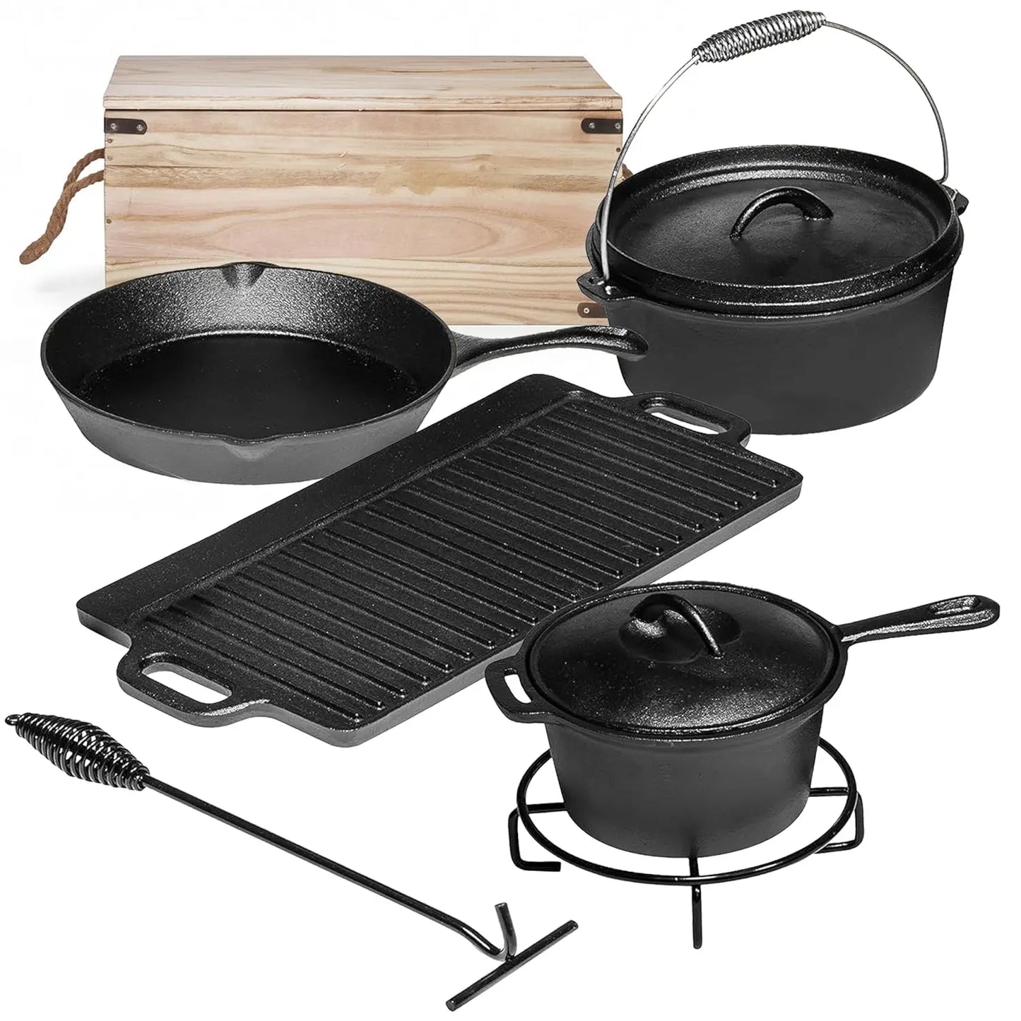 Camping Cookware Set of 7 Pre-Seasoned Cast Iron Pots and Pans Dutch Oven with Lids for Outdoor Campfire Grill Skillet Set with