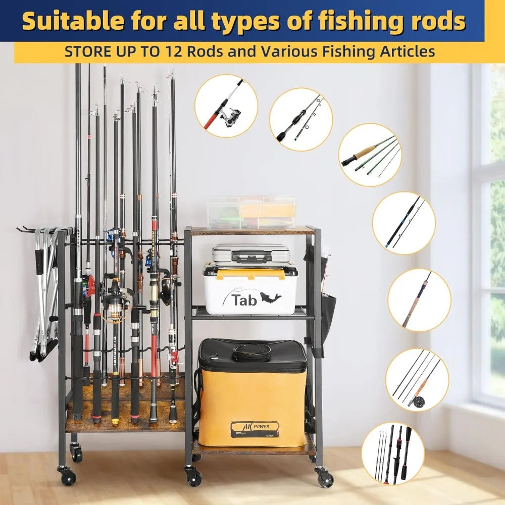 Rolling Fishing Rod Rack for Garage & Boat, Tackle Box & Reel Holder Cart, Easy Assembly Fishing Gear Management, Birthday Gift for Men Dad Anglers