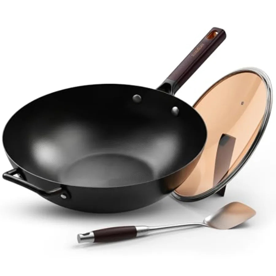 13.5" Carbon Steel Wok Pan - Pre-Seasoned Flat Bottom Woks and Stir-fry Pans Chinese Cookware with Lid and Spatula - For Pan-fr