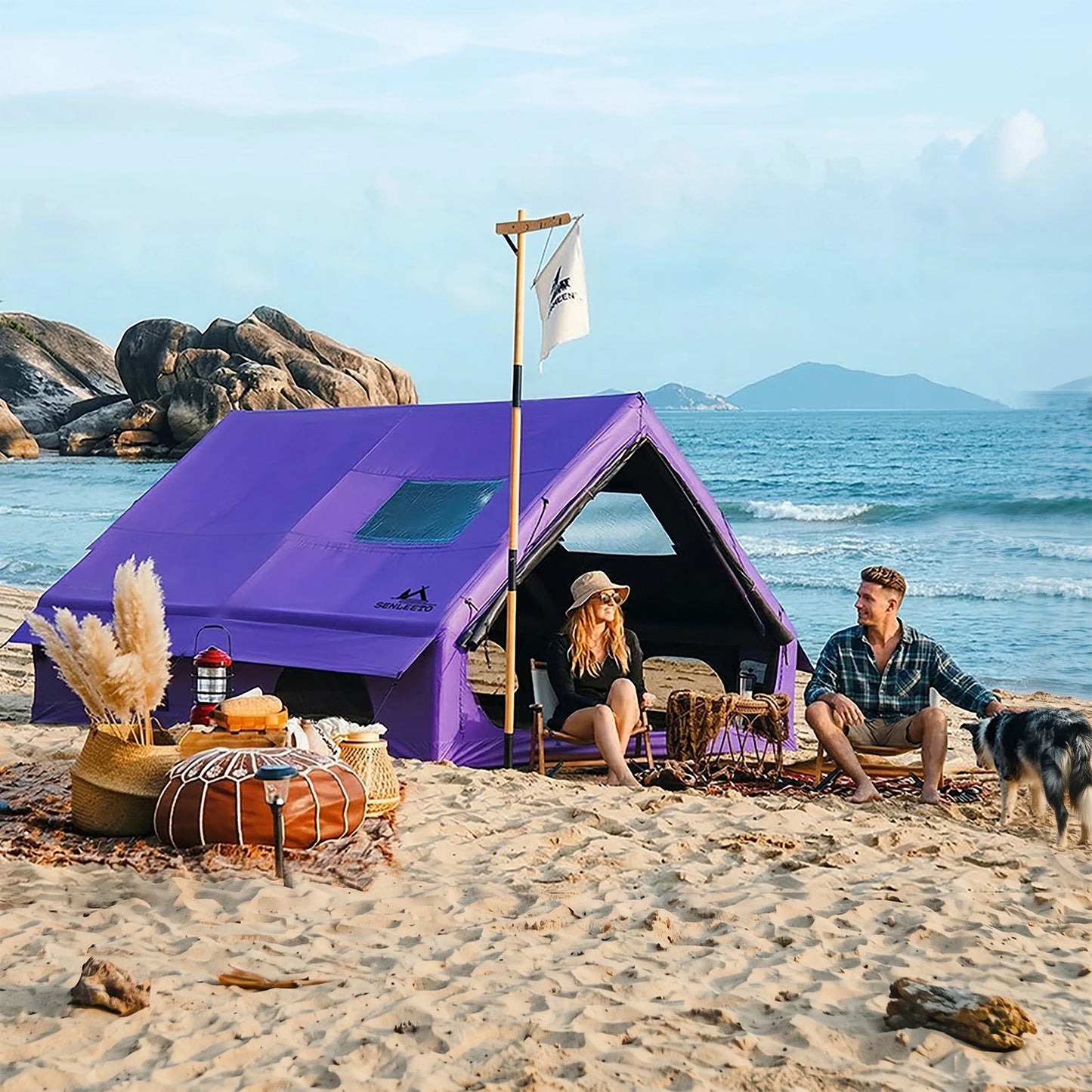 SENLEETO Black-out Inflatable Camping Tent 6-8 Person,Large Sunproof Blow up Tent with Skylight&Mesh Window,Glamping Tent House with Stove Jack AC Vent for Outdoor Camping