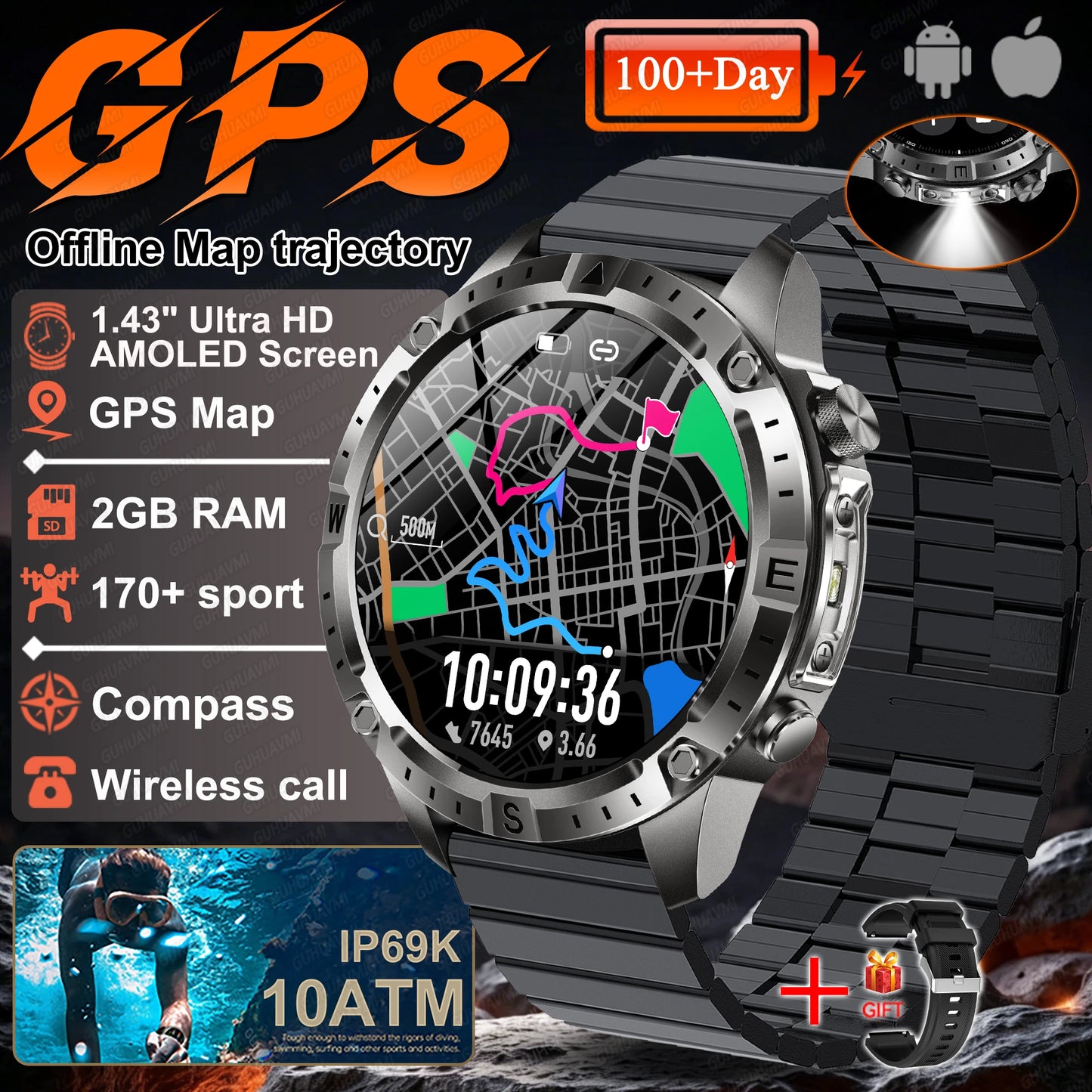 2026 NEW Outdoors Offline Map GPS Smart Watch L1+L2 Dual Band GPS Compass Cycling Run Swim Heart Rate 10ATM Military Smartwatchs