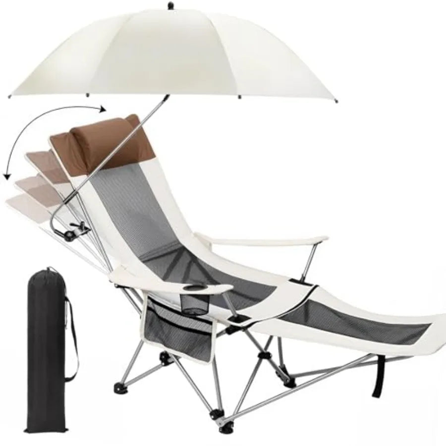 2 in 1 Beach Chair with Umbrella Folding Camping Reclining Chair with Sunshade Headrest Footrest 4 Position Adjustable Mesh Lou