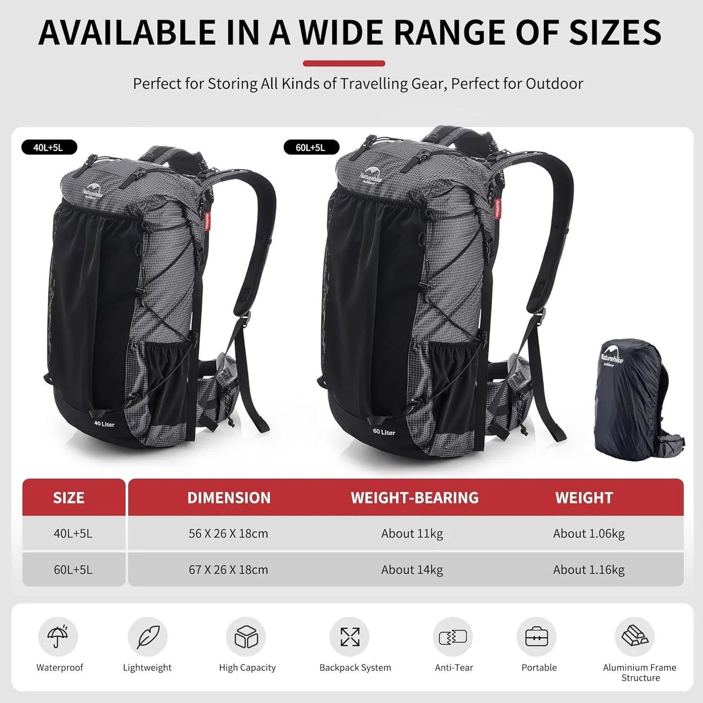 Naturehike 40L 60L Waterproof Hiking Backpack Internal Frame Camping Climbing Cycling Backpack Outdoor Sport Bag with Rain Cover