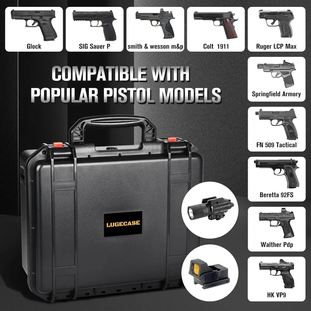 Multi Pistol Gun Case - Hard Shell, Waterproof, TSA Approved, Pre-cut Foam for Multiple Handguns & Magazines
