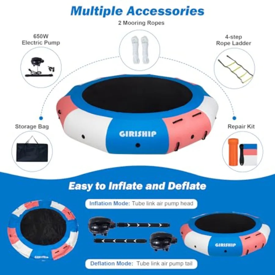 Inflatable Water Trampoline Floating Lake Trampoline for Adults Portable Bounce Swim Platform for Lake Pools with Pump and Rope