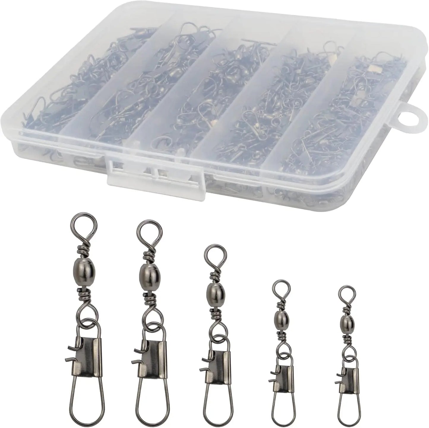 210pcs Fishing Swivels Snap Swivels Barrel Swivels with Snaps Saltwater Freshwater Snap Connector, 5 Sizes 20-70pcs