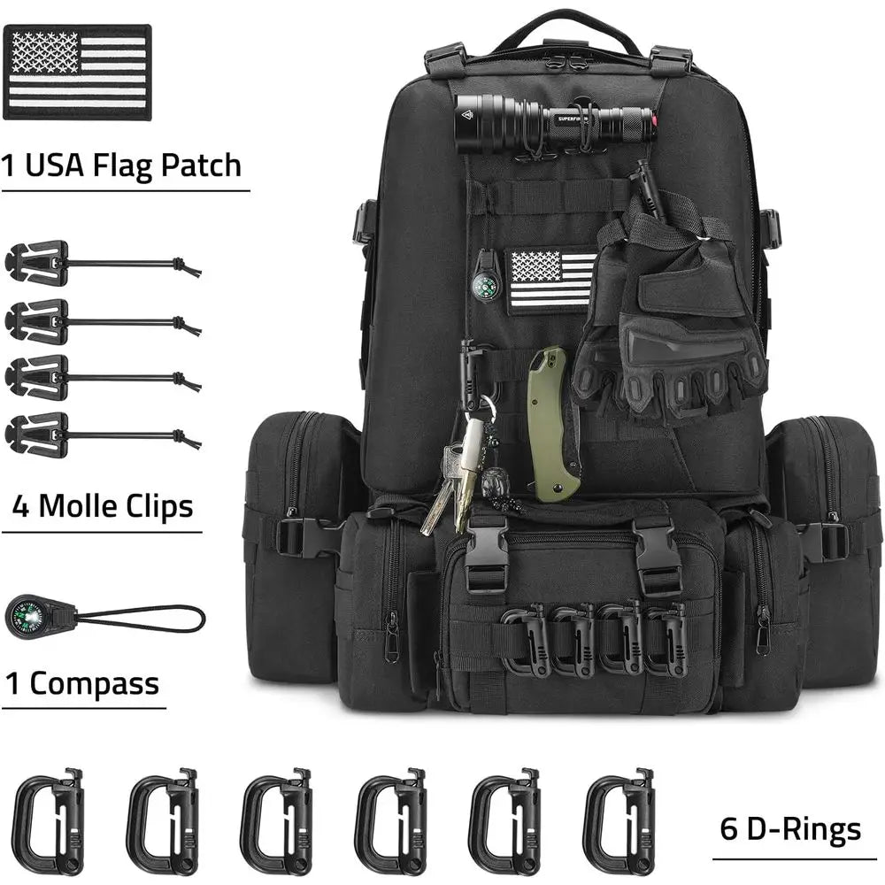 60L Military-Style Backpack with MOLLE System, D-Ring, and Compass for 3-Day Survival, Hiking, and Camping
