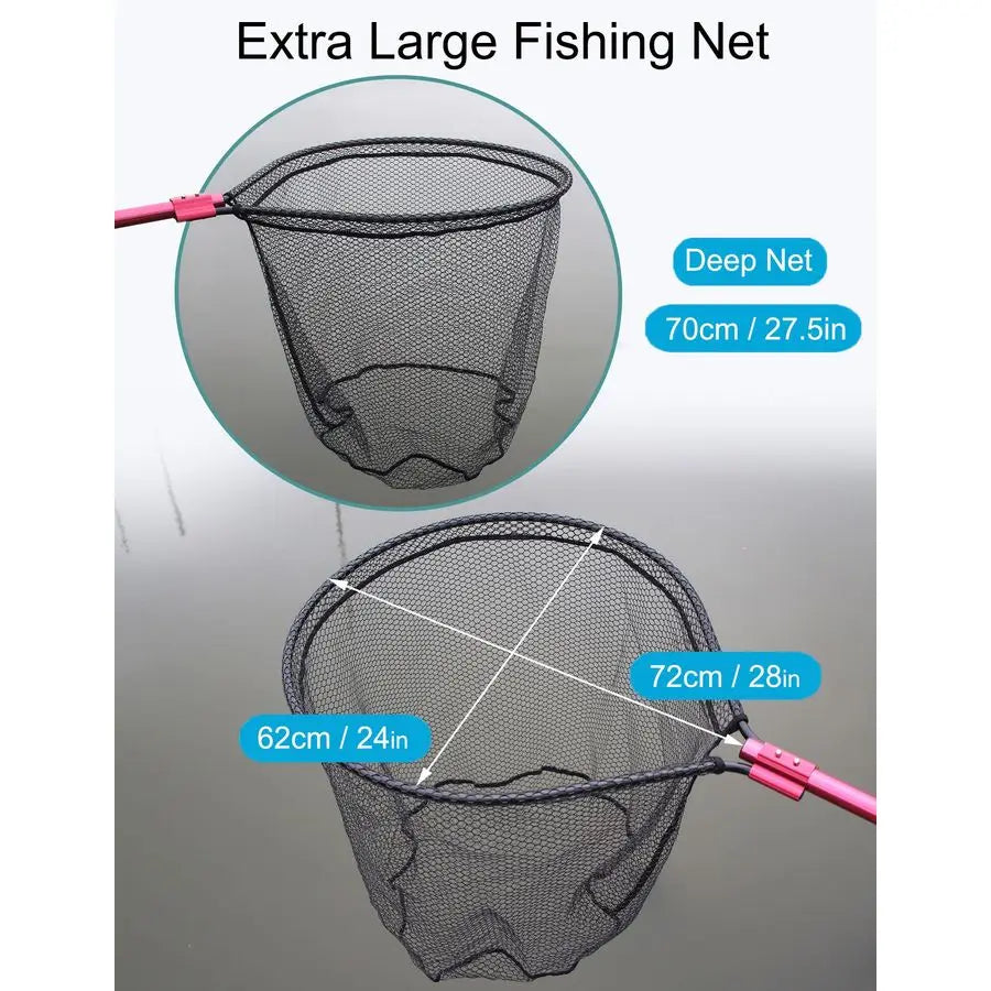 Extra Large Fishing Landing Net 7294 Heavy Duty Telescopic Aluminum Handle, SnagFree Rubber Mesh for Saltwater Boat, Net Hoop 28